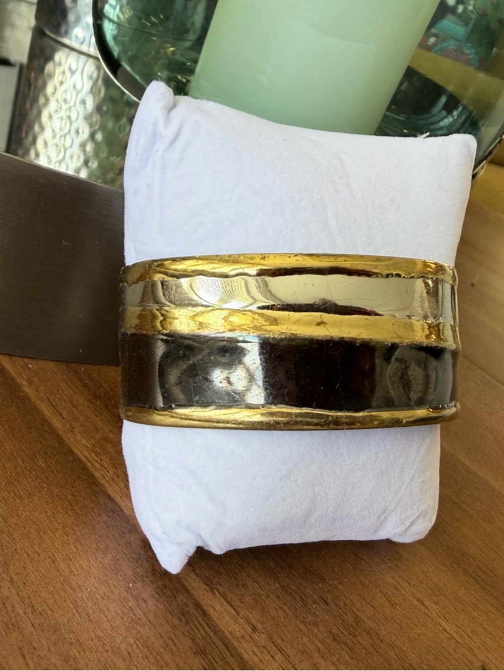 Wide TriTone Metal Cuff Bracelet - Gold, Black & Silver - Picture 4 of 6
